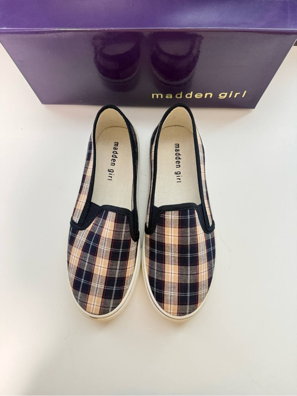 Madden Girl Plaid Slip-On Sneakers in Navy & Beige